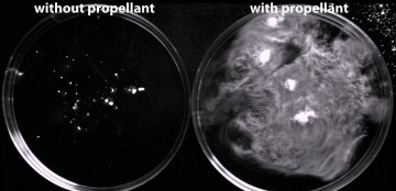 Christian Kastrup's coagulant in vitro -- without propellant (right) and with propellant (left).