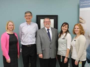 (L-R) Vernon Integrated Community Clerkship Director Dr. Carmen Larsen, Vernon Family Physician Dr. George Borchert, MLA Eric Foster, and UBC medical students Julia Hassler and Erin Charman help official open new UBC space at Vernon Jubilee Hospital.