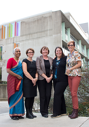 Left to right: Saraswathi Vedam, Allison Campbell, Michelle Butler, Louise Aerts, and Linda Knox at the BC Midwifery Network launch at BC Women’s Hospital.