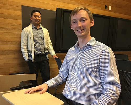 First-year medical student Dakota Peacock (right) and Jason Min, a lecturer in the Faculty of Pharmaceutical Sciences, welcome the new interdisciplinary learning experience. Photo credit: UBC Public Affairs