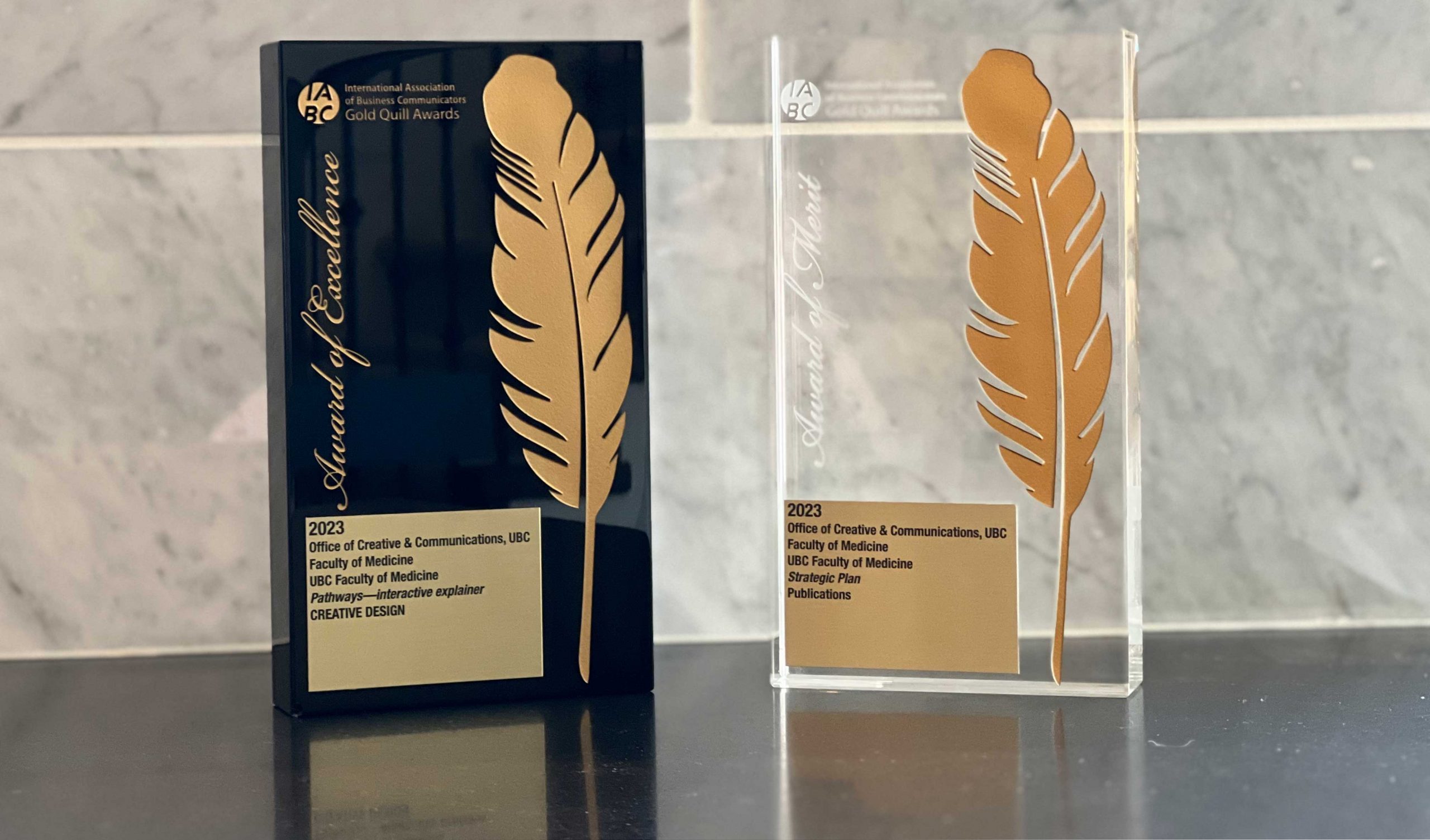 A Gold Quill Award of Excellence in the Creative Design category for Pathways—interactive explainer on the left and a Gold Quill Award of Merit in the Publications category for Strategic Plan on the right.