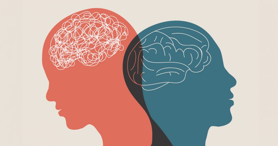 An illustrative metaphor of bipolar disorder depicting two silhouettes of a person’s head. The silhouette on the left has a tangled brain and the silhouette on the right has an untangled brain.